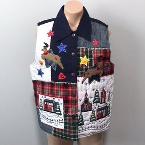 Reversal USA Quilted Christmas Vest Reindeer Plaid Snow Holiday Village Kitsch